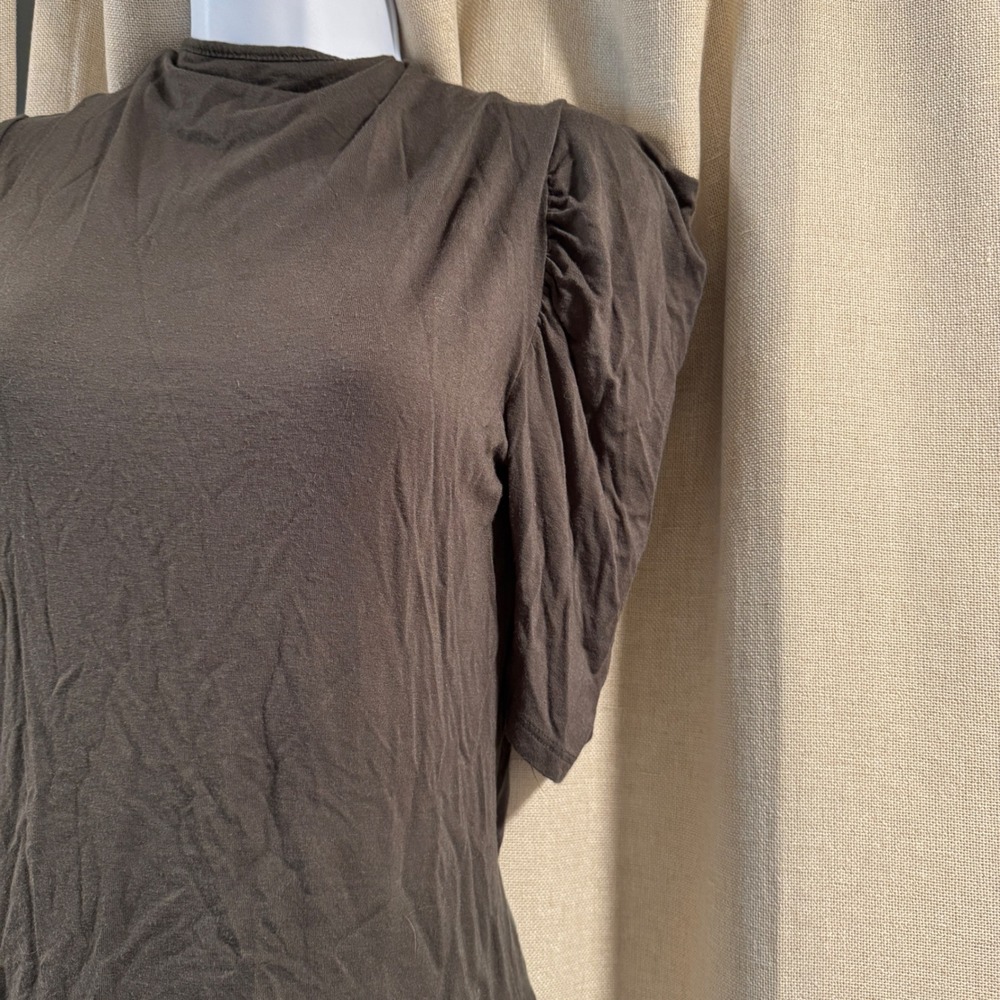 Joe & Elle Olive Brown Ruched Sleeve Top Mock Neck Made in USA - Picture 2 of 5